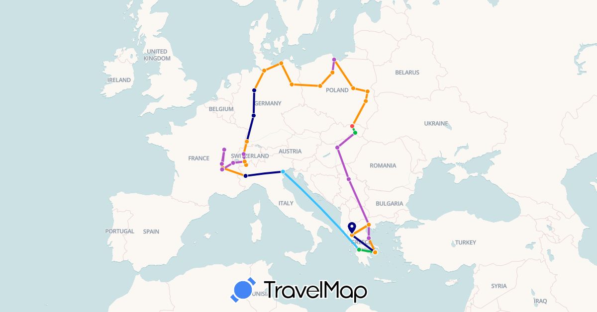 TravelMap itinerary: driving, bus, train, hiking, boat, hitchhiking in Switzerland, Germany, France, Greece, Hungary, Italy, Poland, Serbia, Slovakia (Europe)
